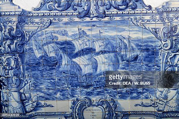 Discovery of the Cape of Good Hope, azulejo decorations in Patio dos Canhoes , in the ancient military Arsenal now seat of the Military museum,...