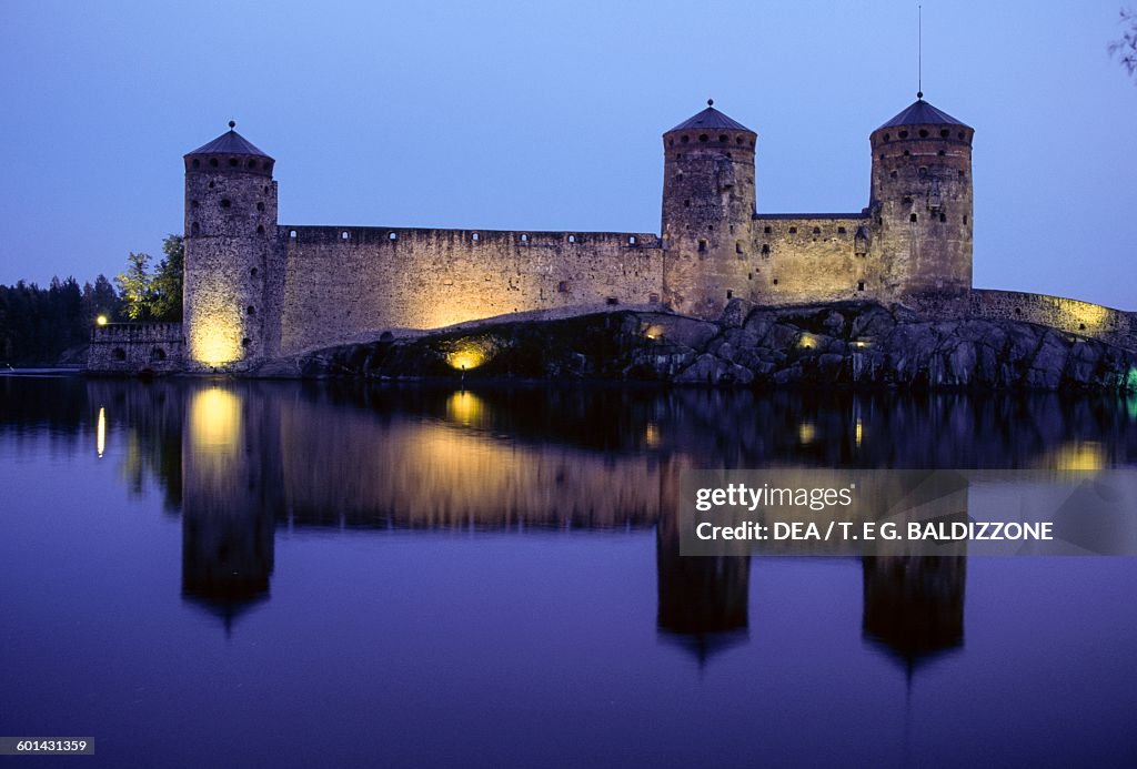 View of Olavinlinna castle at night, Savonlinna