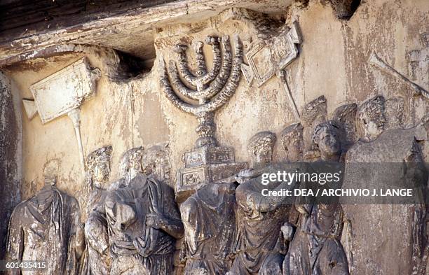 Trophies from Jerusalem, relief from the Arch of Titus, Imperial Forums, Rome, Italy. Roman civilisation, 1st century AD.