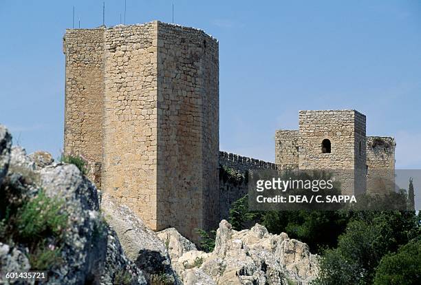 Pentagonal tower and walls, Castillo de Santa Catalina, Jaen, Andalusia. Spain, 13th century.