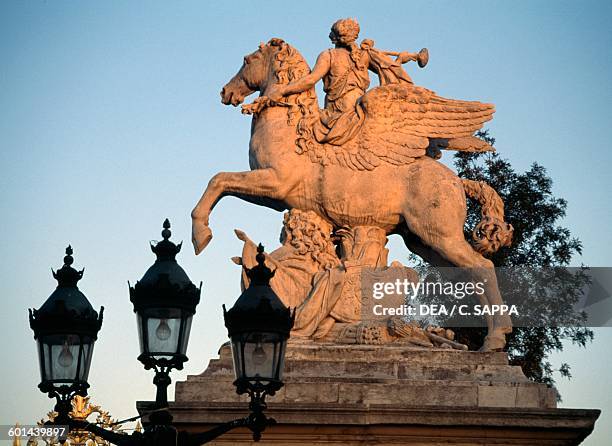 Equestrian statue depicting Fame riding Pegasus, by Antoine Coysevox, Place de la Concorde, Paris , Ile-de-France, France.