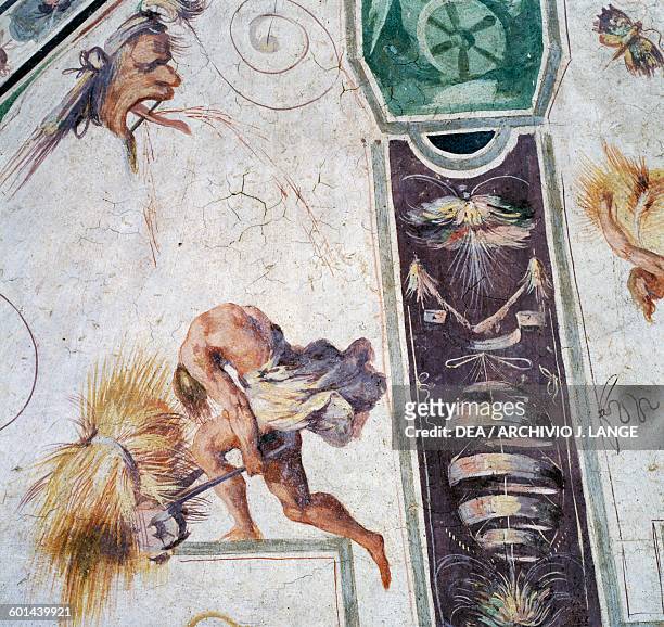 Mascarons and man carrying grain, grotesque frescoes in the Hall of the World upside down, 1574-1590, Della Corgna palace or Ducal palace Castiglione...
