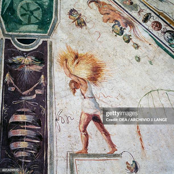 Mascaron spitting out toads and man carrying grain, grotesque frescoes in the Hall of the World upside down, 1574-1590, Della Corgna palace or Ducal...