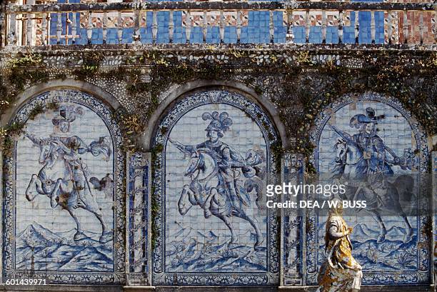 Knights, azulejo decorations around the base of the royal gallery, garden of the Palace of the Marquesses of Fronteira, Lisbon. Portugal, 17th...