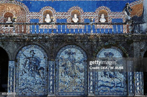 The royal gallery, azulejo decorations, garden of the Palace of the Marquesses of Fronteira, Lisbon. Portugal, 17th century.