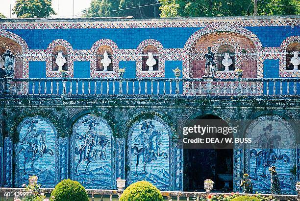 The royal gallery, azulejo decorations, garden of the Palace of the Marquesses of Fronteira, Lisbon. Portugal, 17th century.