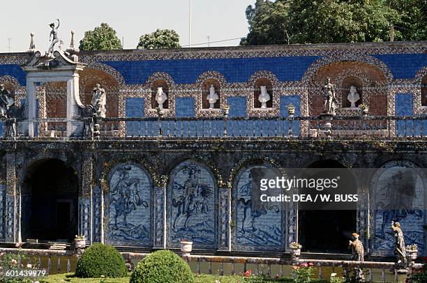 The royal gallery, azulejo decorations, garden of the Palace of the Marquesses of Fronteira, Lisbon. Portugal, 17th century.