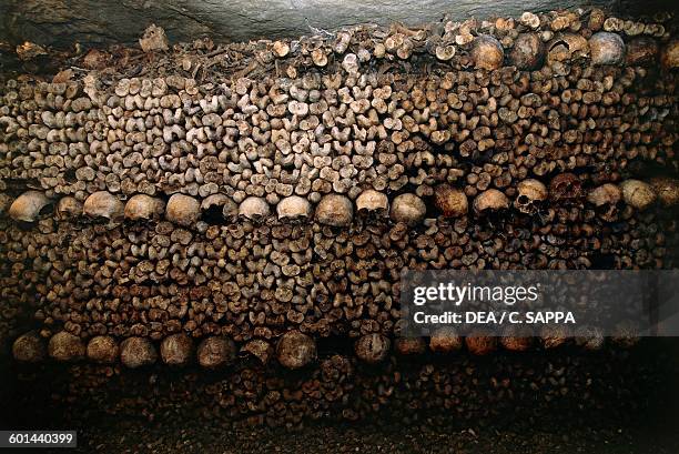 Ossuary in the catacombs of Paris, Ile-de-France, France.