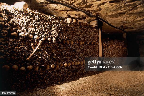 Ossuary in the catacombs of Paris, Ile-de-France, France.