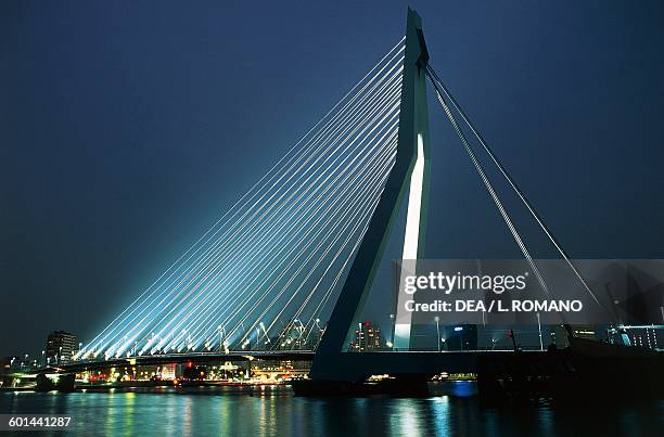 Erasmusbrug, 1989-1996, bridge across the New Meuse, architect Ben van Berkel, by night, Rotterdam. Netherlands, 20th century.