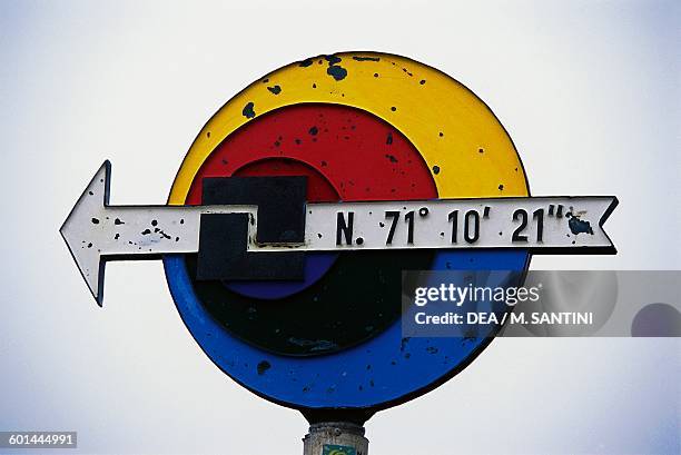 Signs pointing towards the North Cape and bearing its coordinates, Mageroya island, Finnmark county, Norway.