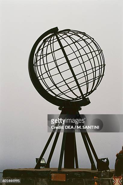 The steel globe on North Cape , Mageroya island, Finnmark county, Norway.