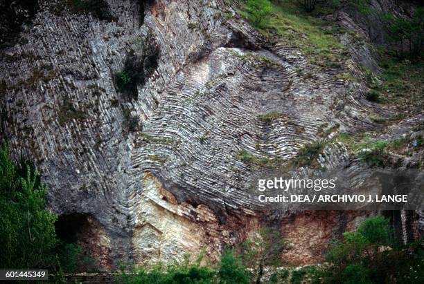 Stratified rock face in Valnerina, Umbria, Italy.