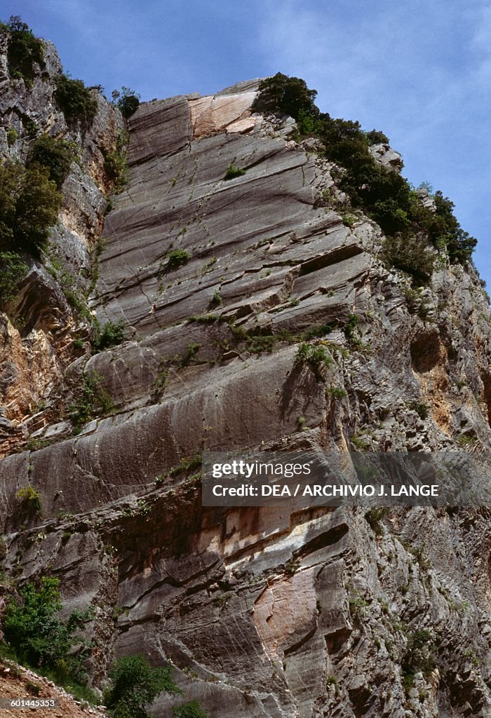 Stratified rock face in Valnerina, Umbria...