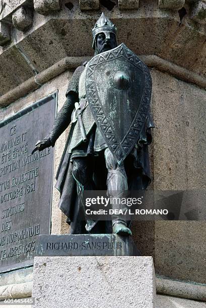 Statue of Richard I , monument to William the Conqueror and six dukes of Normandy, Falaise, Lower Normandy, France.