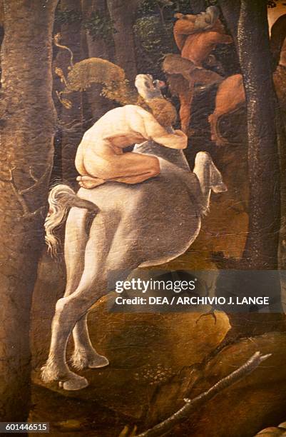 Man on horseback, detail of Hunting Scene, by Piero di Cosimo , oil on panel, cm 70x169. Italy, 16th century. New York, The Metropolitan Museum Of Art