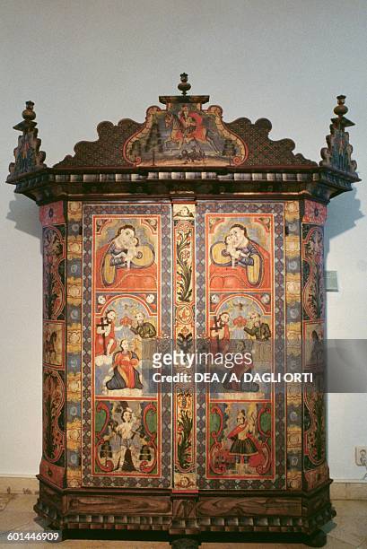 Painted wood wardrobe by Urban Huemer , Landesmuseum, Linz Castle, Upper Austria, Austria.