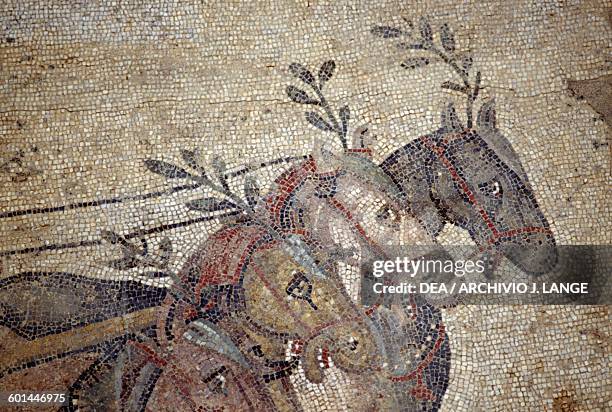 Mosaic floor depicting the Quadriga race in the Circus maximus from the palaestra, detail of the horses, Villa Romana del Casale , Piazza Armerina,...