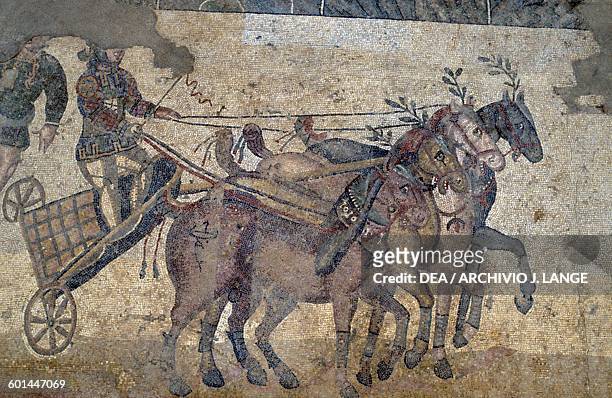 Quadriga, detail from the mosaic floor depicting the Quadriga race in the Circus maximus from the palaestra, Villa Romana del Casale , Piazza...