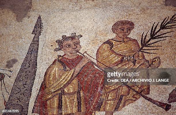 Mosaic floor depicting the Quadriga race in the Circus maximus from the palaestra, Villa Romana del Casale , Piazza Armerina, Sicily. Roman...