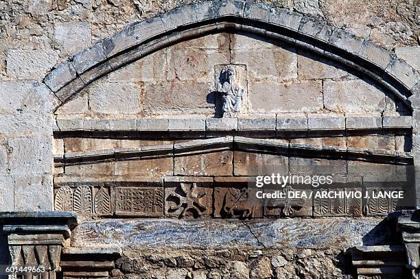 Bas-relief, Church of St John the Catacombs, Syracuse, Sicily, Italy.