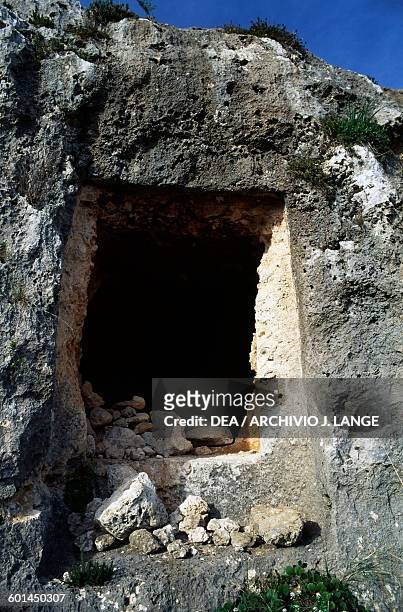 Rock-cut tomb, Necropolis of Pantalica , Sortino, Sicily, Italy. Pantalica culture, 15th-7th century BC.