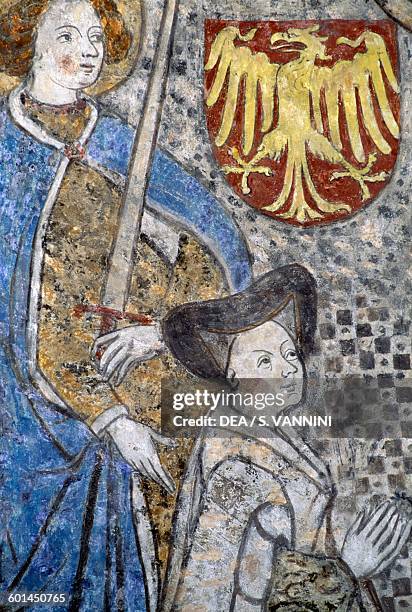 Figures with coat of arms, detail of the frescoes in the fortified Basilica of Notre-Dame de Valere, Sion, Valais canton, Switzerland.