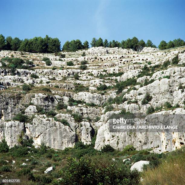 View of the Necropolis of Pantalica , Sortino, Sicily, Italy. Pantalica culture, 15th-7th century BC.