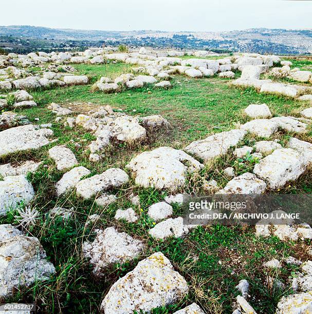 Ruins of the Anaktoron or Prince's Palace, Necropolis of Pantalica , Sortino, Sicily, Italy. Pantalica culture, 11th-12th century BC.