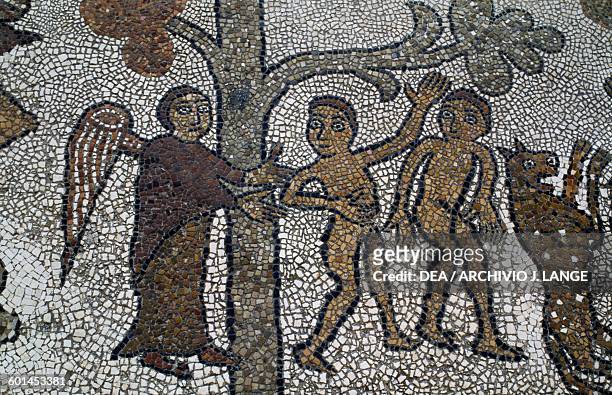 Adam and Eve driven out of Eden, detail from The Garden of Eden, mosaic floor of the Cathedral of Saint Mary of the Annunciation, 1163-1165, by Monk...