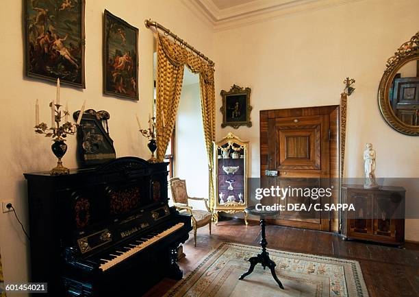 Piano in the music room, Bojnice castle. Slovakia, 12th-19th century.
