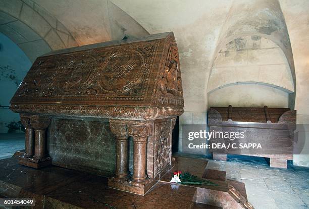 The sarcophagus of Count Jan Frantisek Palffy in the chapel of Bojnice castle, Slovakia, 12th-19th century.