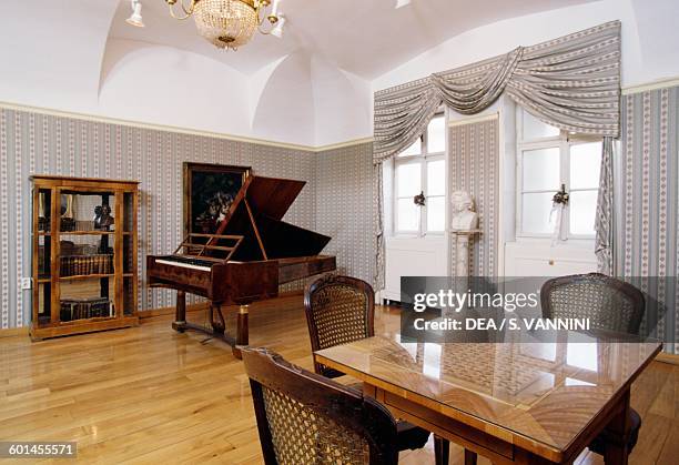 Piano and furniture in the Beethoven museum, Brunszvik castle, 1783-1785 but rebuilt in neo-Gothic style in 1872-1875, Martonvasar, Pest county,...