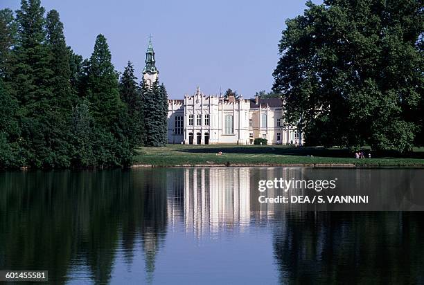 Brunszvik castle and its reflection in the water of the pond in front, 1783-1785 but rebuilt in neo-Gothic style in 1872-1875, Martonvasar, Pest...