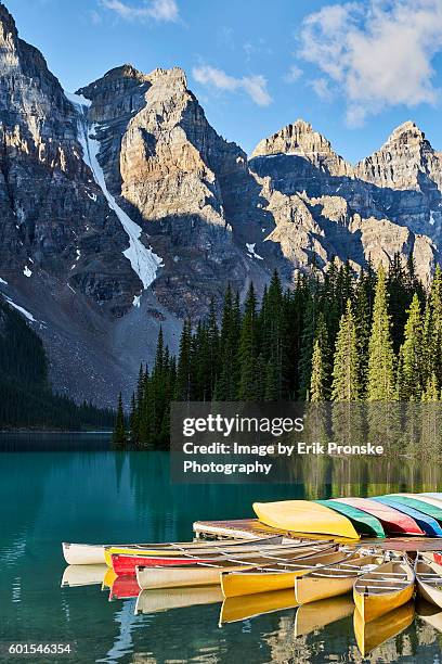 canoes at sunrise - canadian rockies stock pictures, royalty-free photos & images