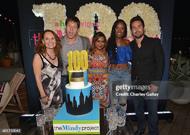 Actors Beth Grant, Ike Barinholtz, Mindy Kaling, Xosha Roquemore and Ed Weeks attend The Mindy Project 100th Episode Party at E.P. & L.P. On...