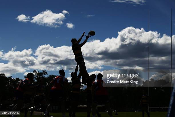Player jumps at the lineout during the round three NRC match between the Western Sydney Rams and the Perth Spirit at Concord Oval on September 10,...