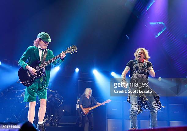 Angus Young, Cliff Williams and Angus Young of AC/DC perform during the Rock Or Bust Tour at The Palace of Auburn Hills on September 9, 2016 in...