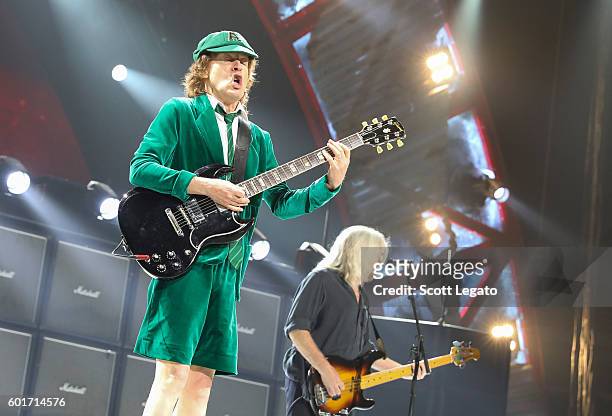 Angus Young and CLiff Williams of AC/DC perform during the Rock Or Bust Tour at The Palace of Auburn Hills on September 9, 2016 in Auburn Hills,...