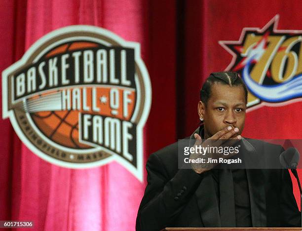 Allen Iverson reacts during his induction at the 2016 Basketball Hall of Fame Enshrinement Ceremony at Symphony Hall on September 9, 2016 in...