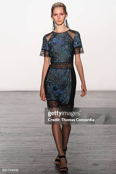 Model walks the runway wearing Tadashi Shoji Spring 2017 at The Arc, Skylight at Moynihan Station during New York Fashion Week on September 9, 2016...