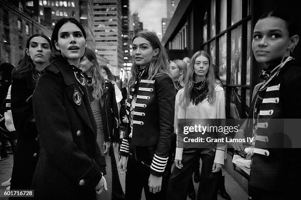 Gigi Hadid backstage at the #TOMMYNOW Women's Fashion Show during New York Fashion Week at Pier 16 on September 9, 2016 in New York City.