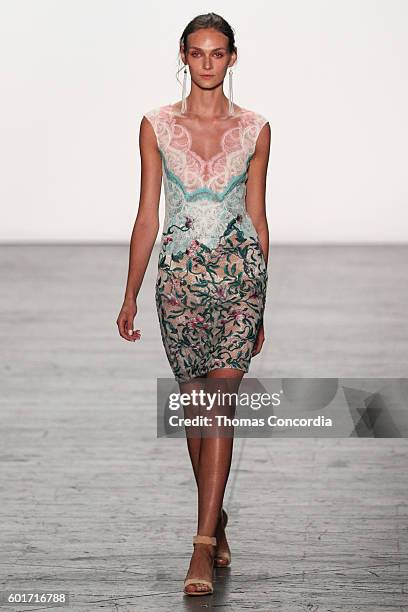 Model walks the runway wearing Tadashi Shoji Spring 2017 at The Arc, Skylight at Moynihan Station during New York Fashion Week on September 9, 2016...