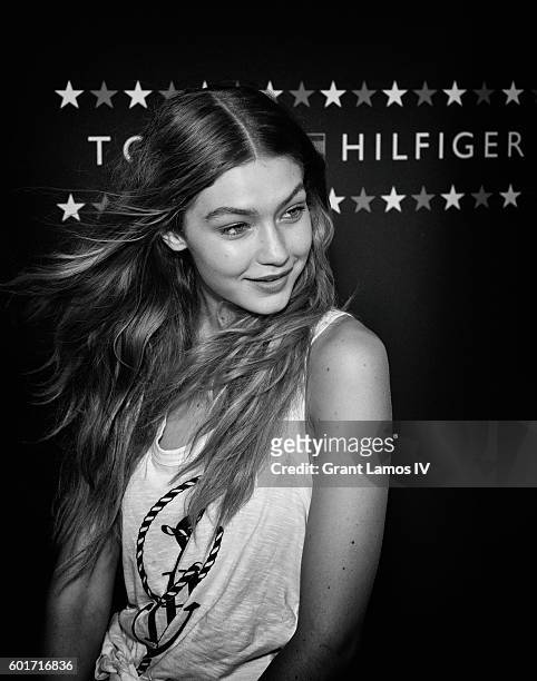 Gigi Hadid backstage at the #TOMMYNOW Women's Fashion Show during New York Fashion Week at Pier 16 on September 9, 2016 in New York City.