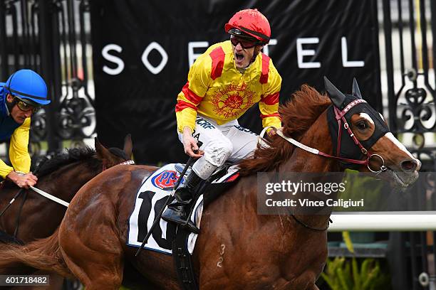 Mark Zahra riding Palentino defeats Damien Oliver riding Black Heart Bart in Race 7, Makybe Diva Stakes during Melbourne Racing at Flemington...