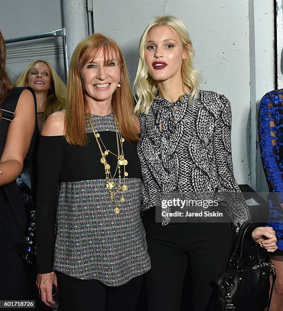 Nicole Miller and Model Joy Corrigan backstage at the Nicole Miller Spring 2017 Fashion Show at Skylight Clarkson Square on September 9, 2016 in New...