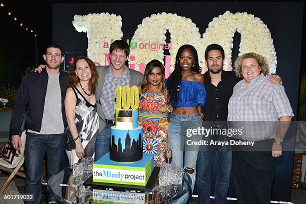 Bryan Greenberg, Beth Grant, Ike Barinholtz, Mindy Kaling, Xosha Roquemore, Ed Weeks and Fortune Feimster attend the 100th Episode Celebration of...