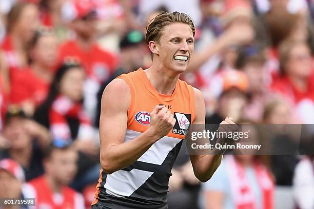 Lachie Whitfield of the Giants celebrates kicking a goal during the AFL 1st Qualifying Final match between the Sydney Swans and the Greater Western...