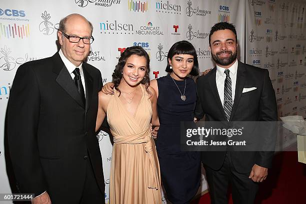 Actors Stephen Tobolowsky, Isabella Gomez, Ariela Barer and James Martinez attend the 31st Annual Imagen Awards at The Beverly Hilton Hotel on...