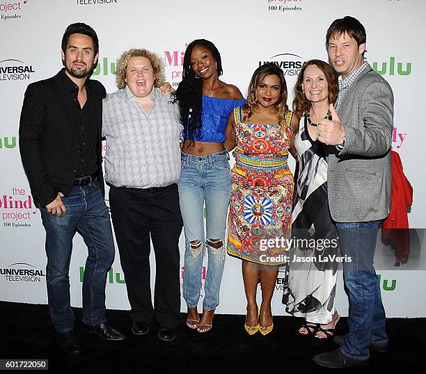 Ed Weeks, Fortune Feimster, Xosha Roquemore, Mindy Kaling, Beth Grant and Ike Barinholtz attend the 100th episode celebration of "The Mindy Project"...